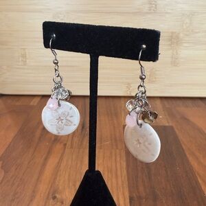 Handmade Sand Dollar Pink Brown Gray Bead Dangle Drop Earrings Silver Tone